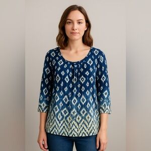 Chico’s Blue Ikat Ombre Print Tunic Top Size 2